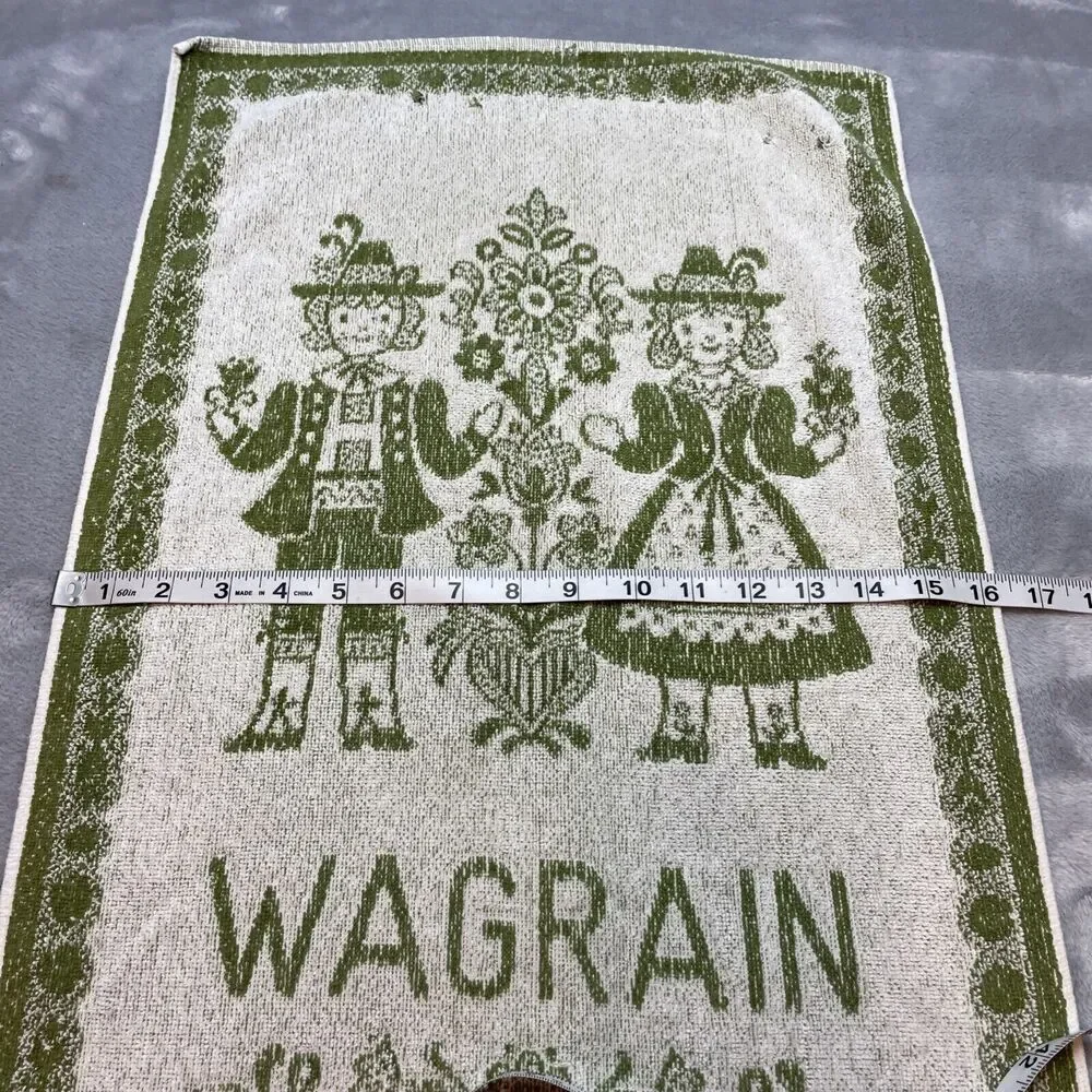 Vintage Wagrain Austria Hand Dish Towel Cotton Terrycloth Green White Folk Art